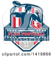 Poster, Art Print Of Retro Male Flag Football Player Passing Over Text In A Flag Crest