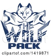 Clipart Of Retro Blue Wolf Heads Facing Front And To The Sides Over Text Royalty Free Vector Illustration