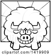 Clipart Of A Cartoon Black And White Lineart Chubby Yak Over Rays Royalty Free Vector Illustration by Cory Thoman