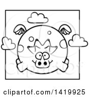 Clipart Of A Cartoon Black And White Lineart Chubby Triceratops Dinosaur Flying Royalty Free Vector Illustration