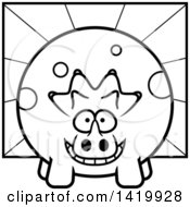 Poster, Art Print Of Cartoon Black And White Lineart Chubby Triceratops Dinosaur Over Rays