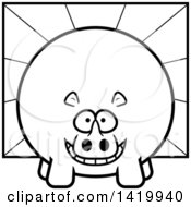 Clipart Of A Cartoon Black And White Lineart Chubby Rhino Over Rays Royalty Free Vector Illustration