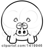 Clipart Of A Cartoon Black And White Lineart Depressed Chubby Rhino Royalty Free Vector Illustration