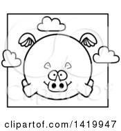 Clipart Of A Cartoon Black And White Lineart Chubby Rhino Flying Royalty Free Vector Illustration