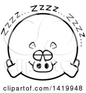 Clipart Of A Cartoon Black And White Lineart Chubby Rhino Sleeping Royalty Free Vector Illustration