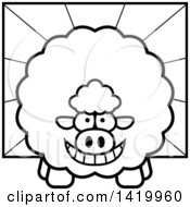 Clipart Of A Cartoon Black And White Lineart Chubby Sheep Over Rays Royalty Free Vector Illustration