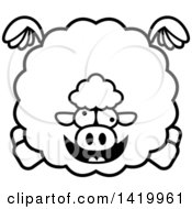 Clipart Of A Cartoon Black And White Lineart Chubby Crazy Sheep Flying Royalty Free Vector Illustration