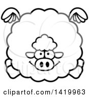 Clipart Of A Cartoon Black And White Lineart Chubby Sheep Flying Royalty Free Vector Illustration
