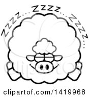 Poster, Art Print Of Cartoon Black And White Lineart Chubby Sheep Sleeping