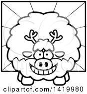 Clipart Of A Cartoon Black And White Lineart Chubby Reindeer Over Rays Royalty Free Vector Illustration
