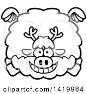 Poster, Art Print Of Cartoon Black And White Lineart Chubby Reindeer Flying