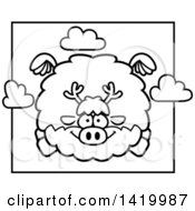 Clipart Of A Cartoon Black And White Lineart Chubby Reindeer Flying Royalty Free Vector Illustration