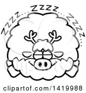 Clipart Of A Cartoon Black And White Lineart Chubby Reindeer Sleeping Royalty Free Vector Illustration