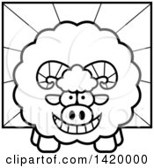 Clipart Of A Cartoon Black And White Lineart Chubby Ram Sheep Over Rays Royalty Free Vector Illustration