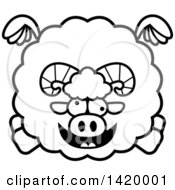 Poster, Art Print Of Cartoon Black And White Lineart Chubby Crazy Ram Sheep Flying