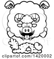 Poster, Art Print Of Cartoon Black And White Lineart Chubby Ram Sheep Flying And Eating