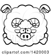 Clipart Of A Cartoon Black And White Lineart Chubby Ram Sheep Flying Royalty Free Vector Illustration