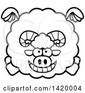 Clipart Of A Cartoon Black And White Lineart Chubby Ram Sheep Flying Royalty Free Vector Illustration