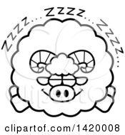 Poster, Art Print Of Cartoon Black And White Lineart Chubby Ram Sheep Sleeping