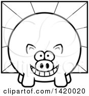 Poster, Art Print Of Cartoon Black And White Lineart Chubby Pig Over Rays