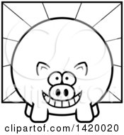 Clipart Of A Cartoon Black And White Lineart Chubby Pig Over Rays Royalty Free Vector Illustration