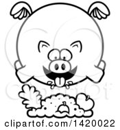 Clipart Of A Cartoon Black And White Lineart Chubby Pig Flying And Eating Royalty Free Vector Illustration