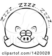 Poster, Art Print Of Cartoon Black And White Lineart Chubby Pig Sleeping