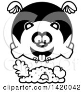 Poster, Art Print Of Cartoon Black And White Lineart Chubby Panda Flying And Eating