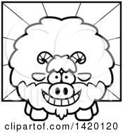 Poster, Art Print Of Cartoon Black And White Lineart Chubby Goat Over Rays