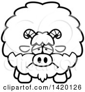 Clipart Of A Cartoon Black And White Lineart Depressed Chubby Goat Royalty Free Vector Illustration