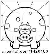 Poster, Art Print Of Cartoon Black And White Lineart Chubby Cow Over Rays