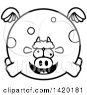 Poster, Art Print Of Cartoon Black And White Lineart Chubby Crazy Cow Flying