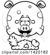 Poster, Art Print Of Cartoon Black And White Lineart Chubby Cow Flying And Eating