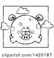 Poster, Art Print Of Cartoon Black And White Lineart Chubby Cow Flying