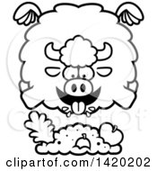 Clipart Of A Cartoon Black And White Lineart Chubby Buffalo Flying And Eating Royalty Free Vector Illustration