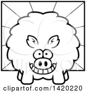 Clipart Of A Cartoon Black And White Lineart Chubby Boar Over Rays Royalty Free Vector Illustration