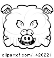 Clipart Of A Cartoon Black And White Lineart Chubby Crazy Boar Flying Royalty Free Vector Illustration