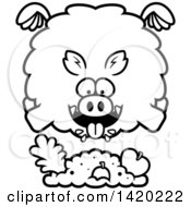 Clipart Of A Cartoon Black And White Lineart Chubby Boar Flying And Eating Royalty Free Vector Illustration