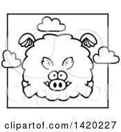Clipart Of A Cartoon Black And White Lineart Chubby Boar Flying Royalty Free Vector Illustration