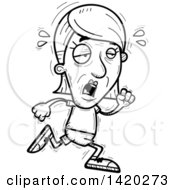 Poster, Art Print Of Cartoon Black And White Lineart Doodled Exhausted Senior Woman Running