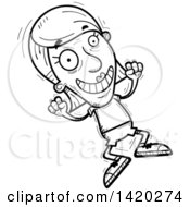 Clipart Of A Cartoon Black And White Lineart Doodled Senior Woman Jumping For Joy Royalty Free Vector Illustration
