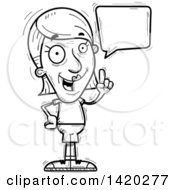 Clipart Of A Cartoon Black And White Lineart Doodled Senior Woman Holding Up A Finger And Talking Royalty Free Vector Illustration