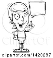 Clipart Of A Cartoon Black And White Lineart Doodled Woman Holding Up A Finger And Talking Royalty Free Vector Illustration