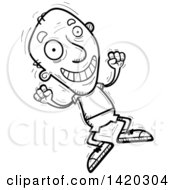 Poster, Art Print Of Cartoon Black And White Lineart Doodled Senior Man Jumping For Joy