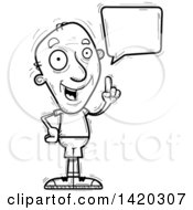 Clipart Of A Cartoon Black And White Lineart Doodled Senior Man Holding Up A Finger And Talking Royalty Free Vector Illustration