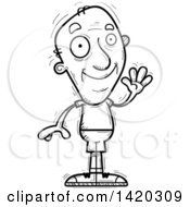 Poster, Art Print Of Cartoon Black And White Lineart Doodled Friendly Senior Man Waving