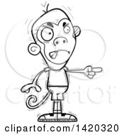 Clipart Of A Cartoon Black And White Lineart Doodled Angry Monkey Pointing Royalty Free Vector Illustration