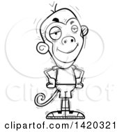 Clipart Of A Cartoon Black And White Lineart Doodled Confident Monkey Royalty Free Vector Illustration