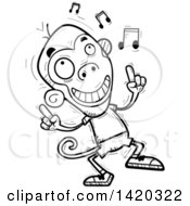 Clipart Of A Cartoon Black And White Lineart Doodled Monkey Dancing To Music Royalty Free Vector Illustration