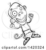 Clipart Of A Cartoon Black And White Lineart Doodled Monkey Jumping For Joy Royalty Free Vector Illustration
